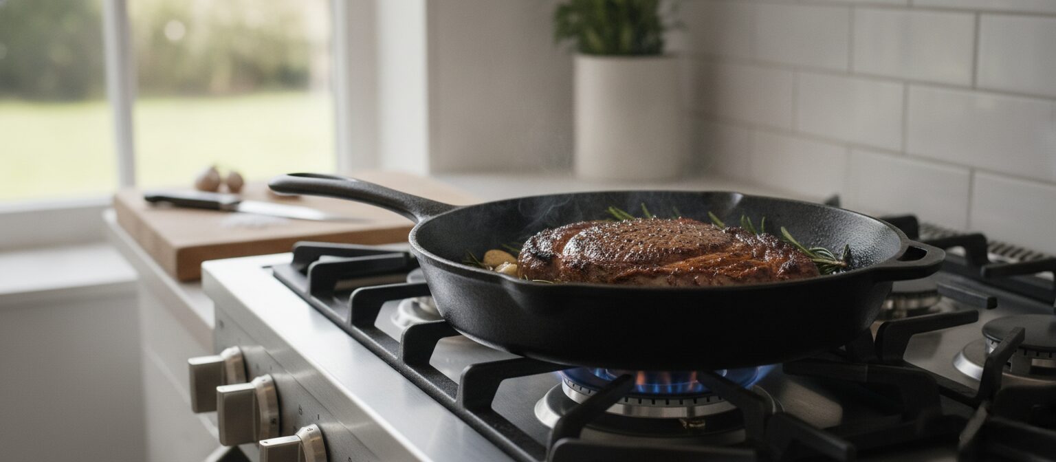 A cast iron skillet searing a steak with a deep browned crust