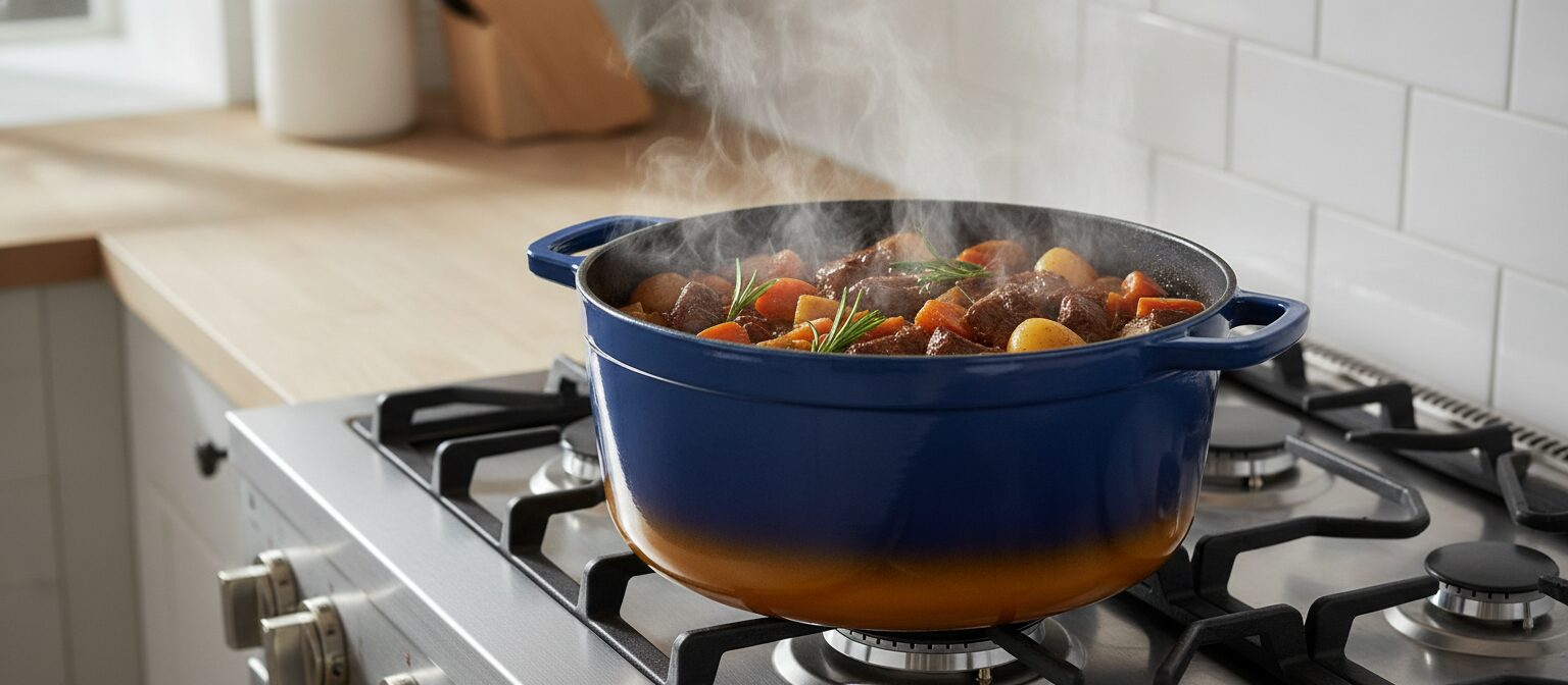 A colorful enameled cast iron Dutch oven filled with a rich braise