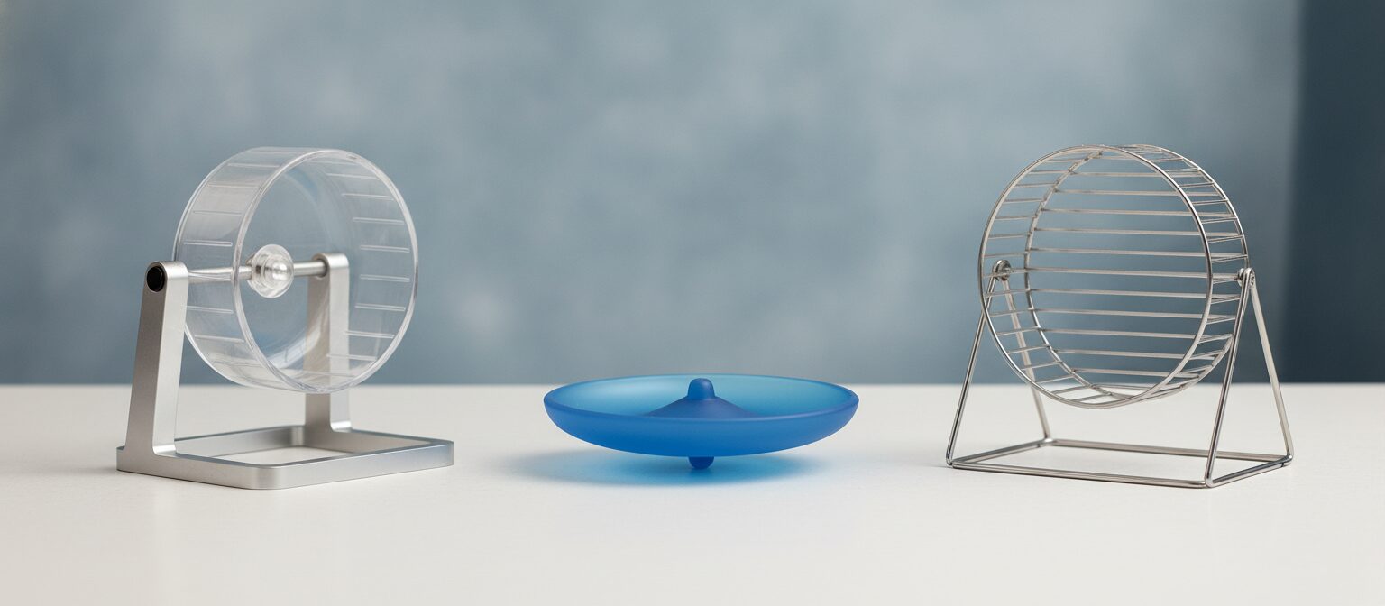 Three hamster exercise wheels lined up for comparison