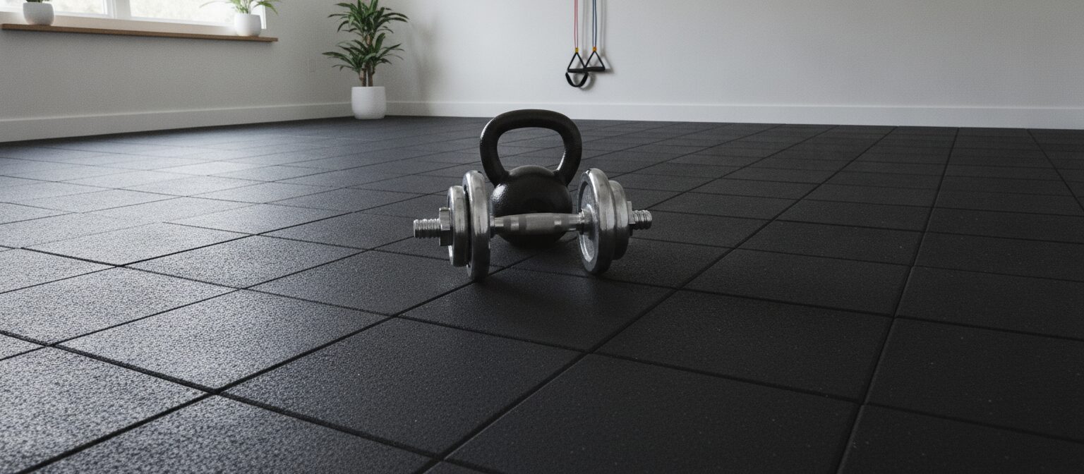 Black interlocking rubber gym flooring tiles in a home garage gym with a dumbbell and kettlebell resting on top