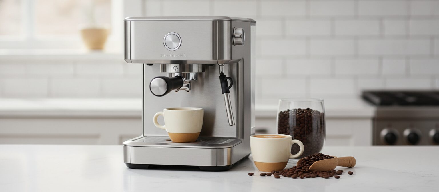 A home espresso machine with a freshly pulled shot and coffee beans