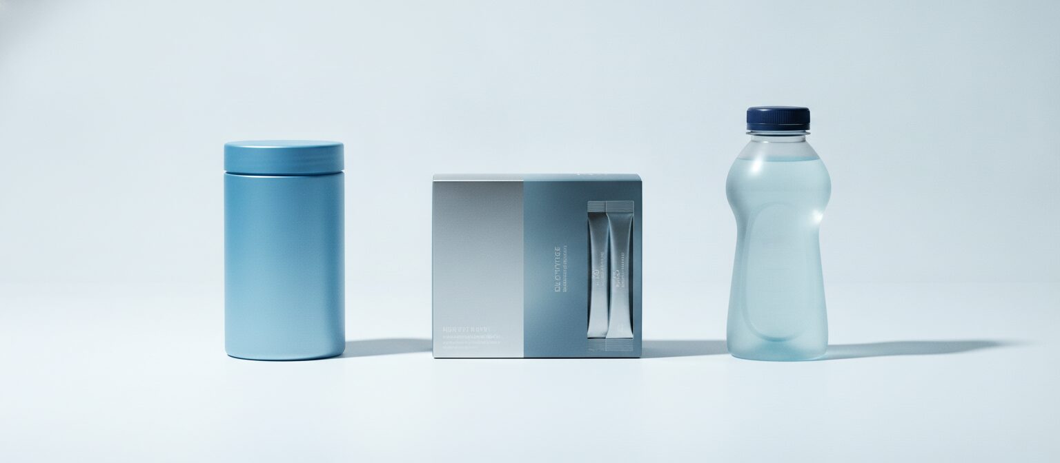 Electrolyte powder, stick packs, and sports drink lined up for comparison