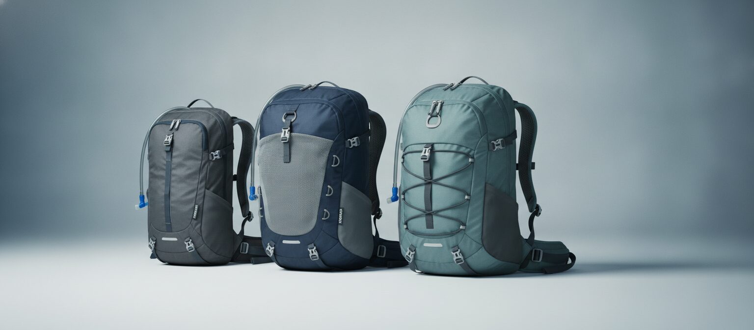Hydration backpacks lined up for comparison on a pale surface