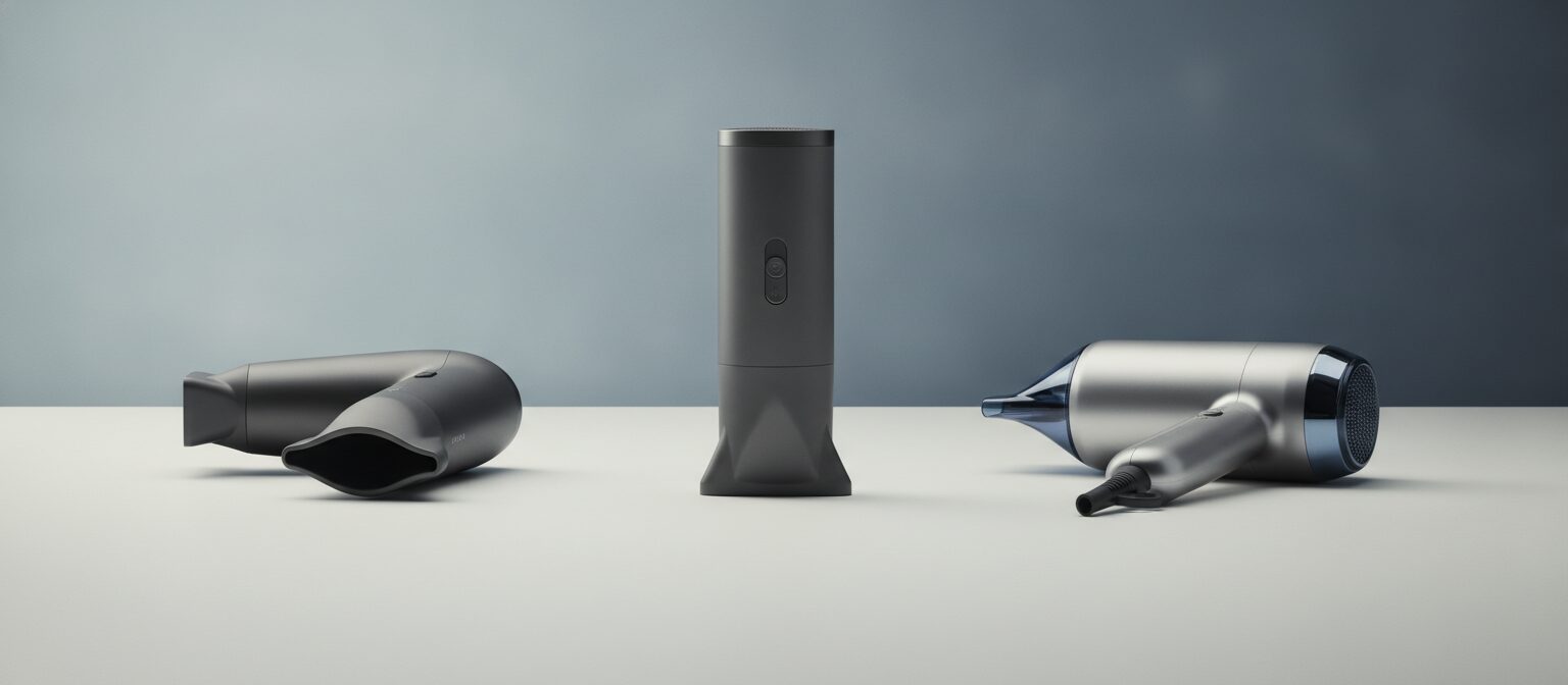 Hair dryers lined up for comparison on a pale surface