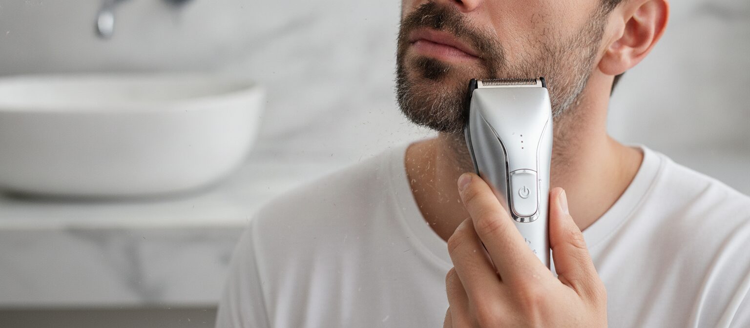 Man shaving thick stubble along his jaw with an electric foil shaver