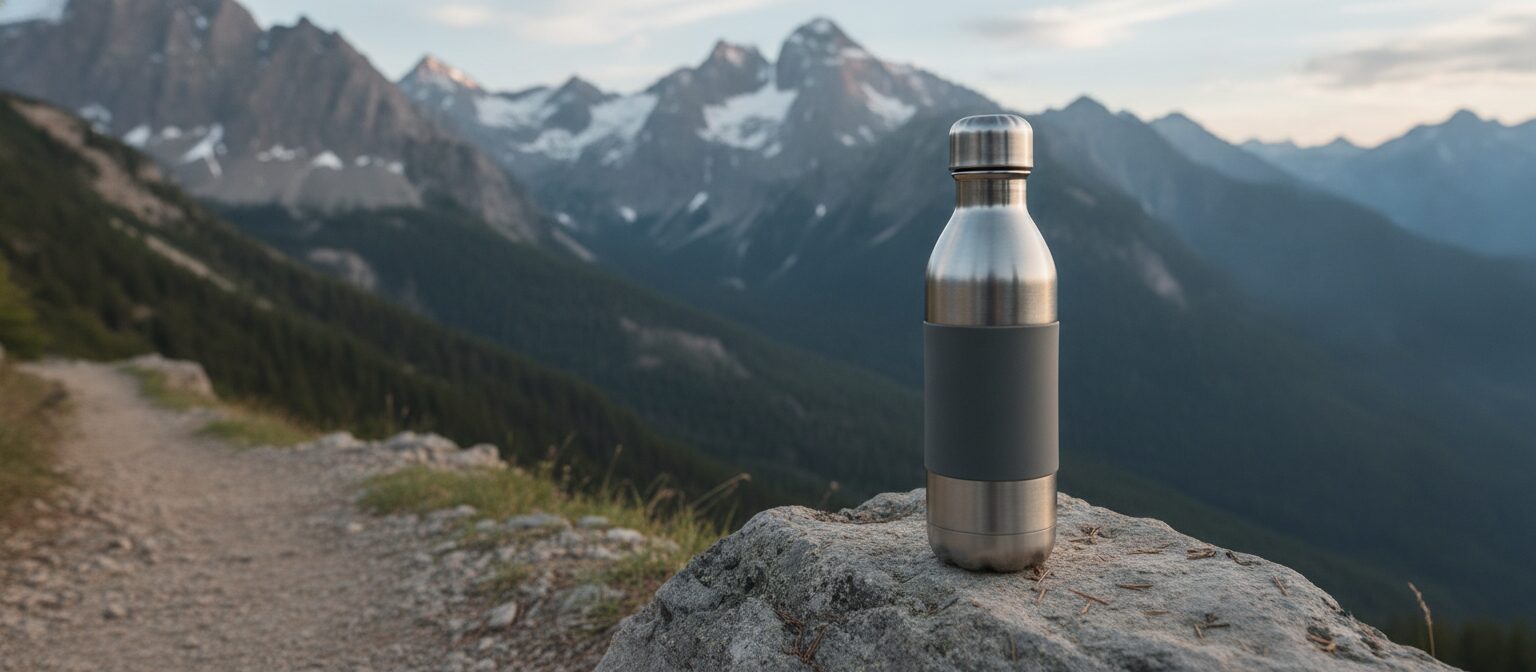 A rugged stainless steel insulated water bottle on a rock outdoors on a trail