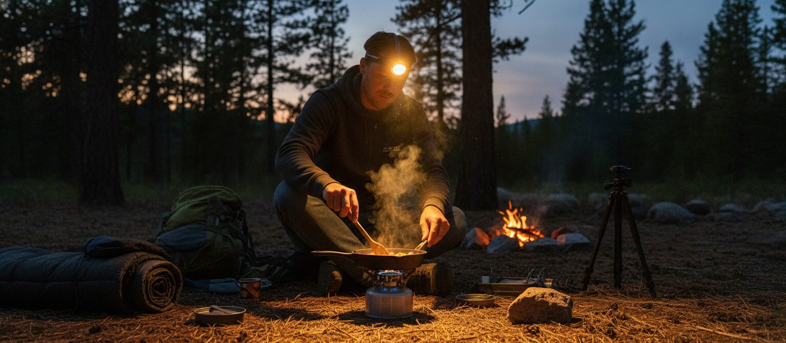 Camper wearing a headlamp cooking hands-free at a campsite at dusk