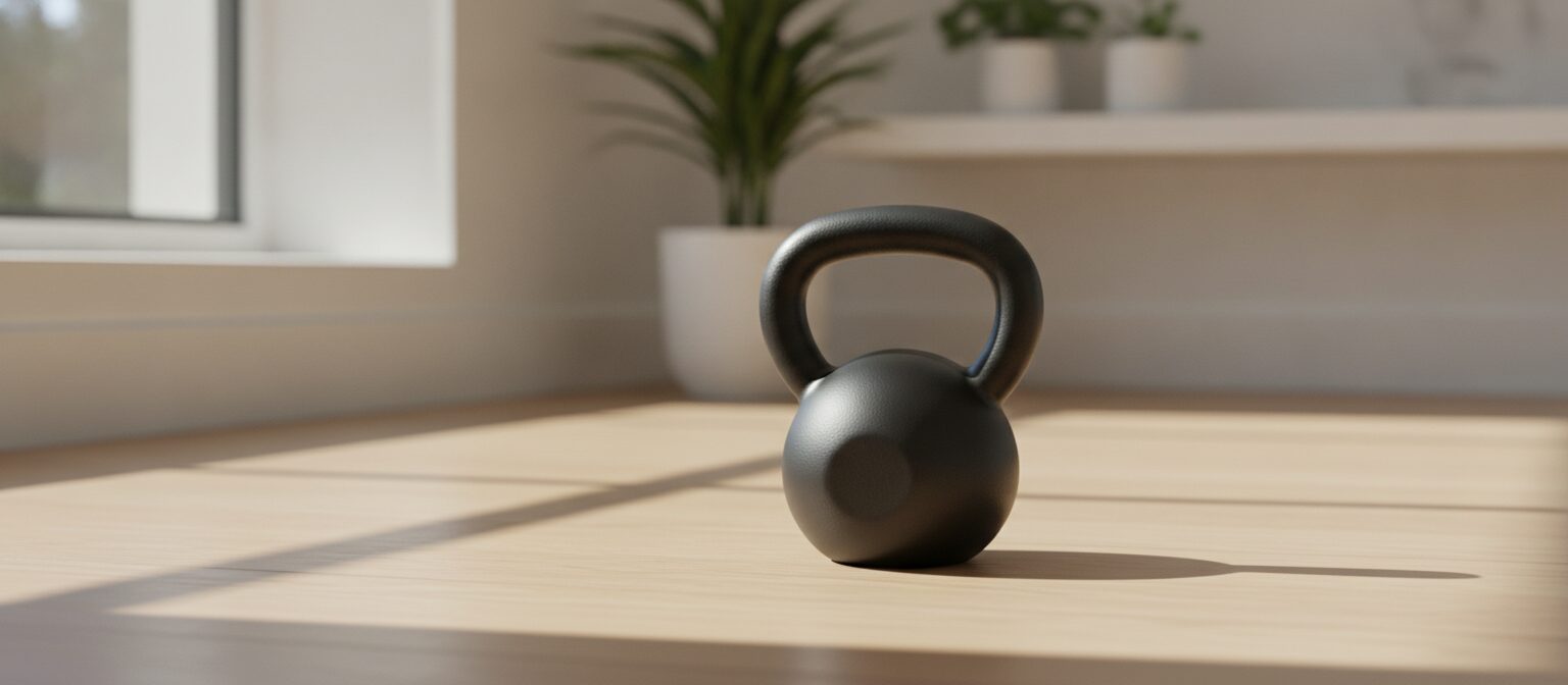 A cast-iron kettlebell on a home gym floor
