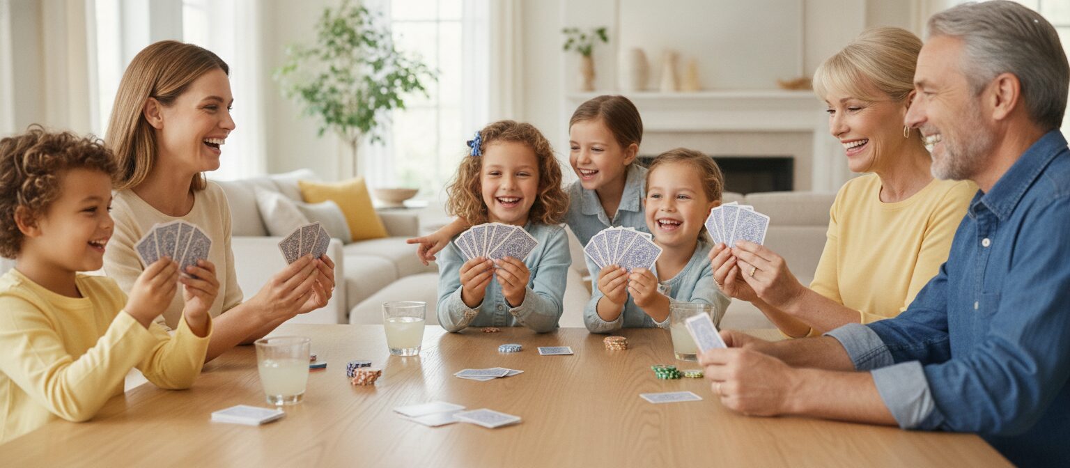 Family members holding playing cards during a fast card game