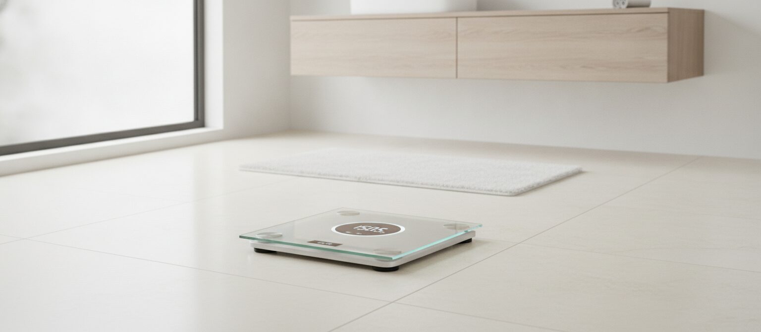 A modern smart bathroom scale on a bright bathroom floor