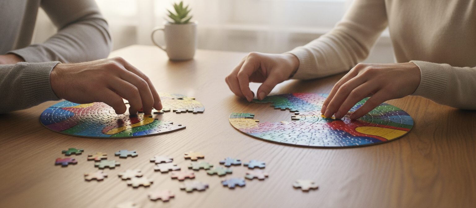 Hands assembling a jigsaw puzzle spread across a table