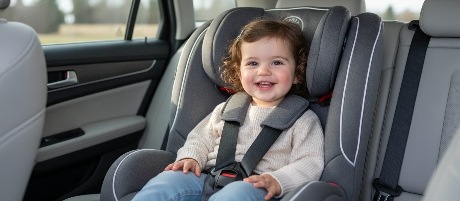 A toddler buckled into a forward-facing convertible car seat