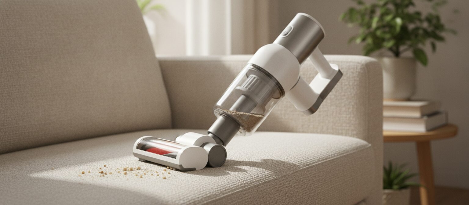 A handheld vacuum cleaning a fabric sofa
