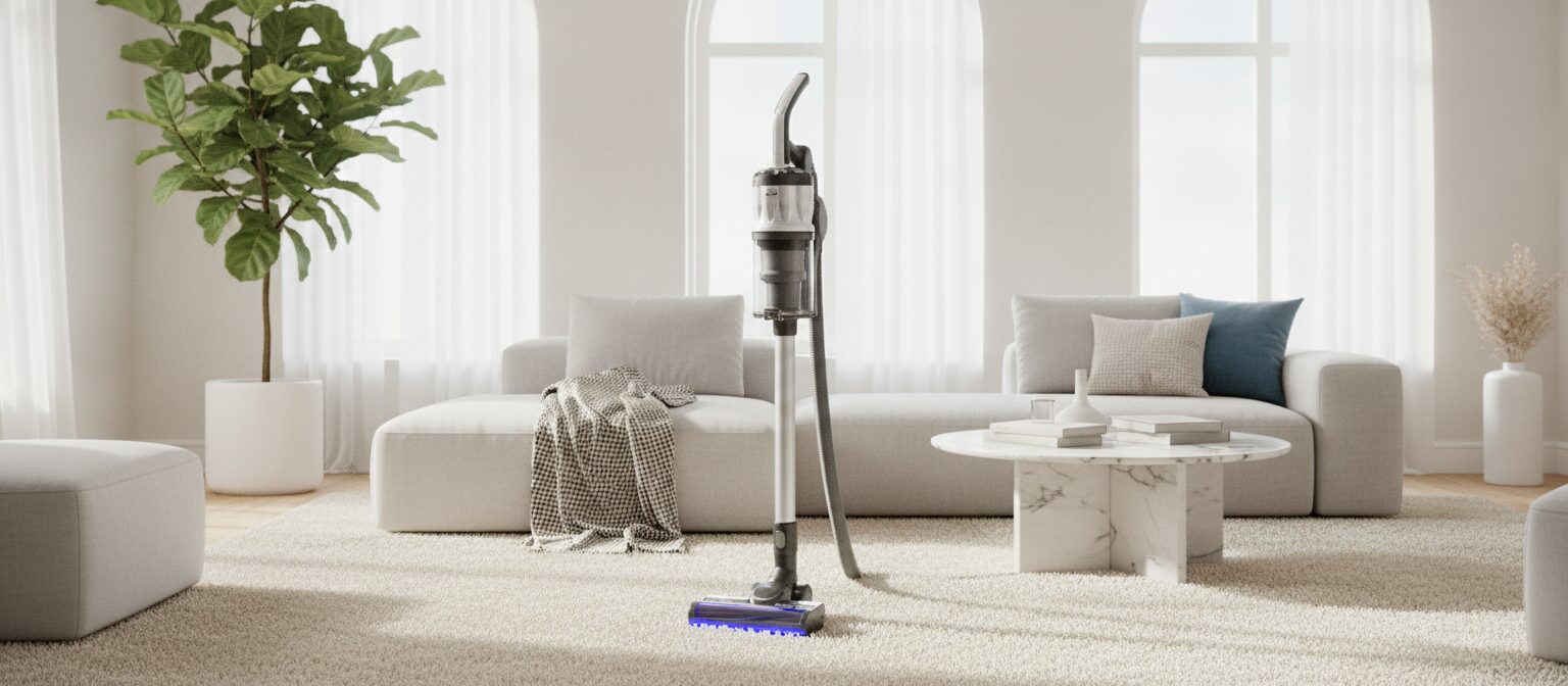 An upright vacuum cleaner on a plush carpet