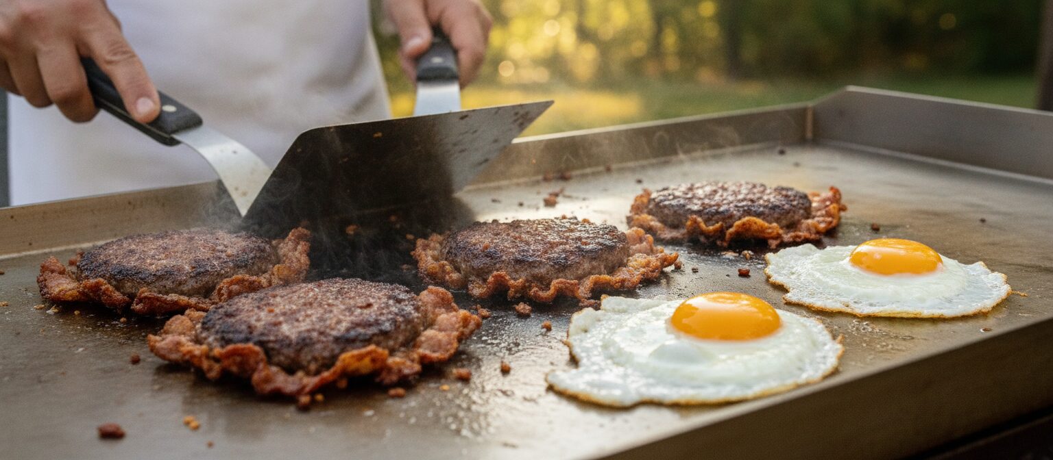 Smash burgers and eggs cooking on a flat-top steel griddle