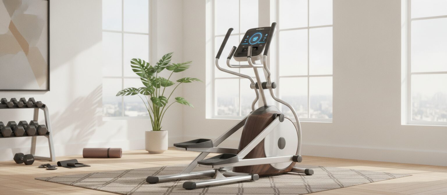 Elliptical trainer machine in a bright home gym