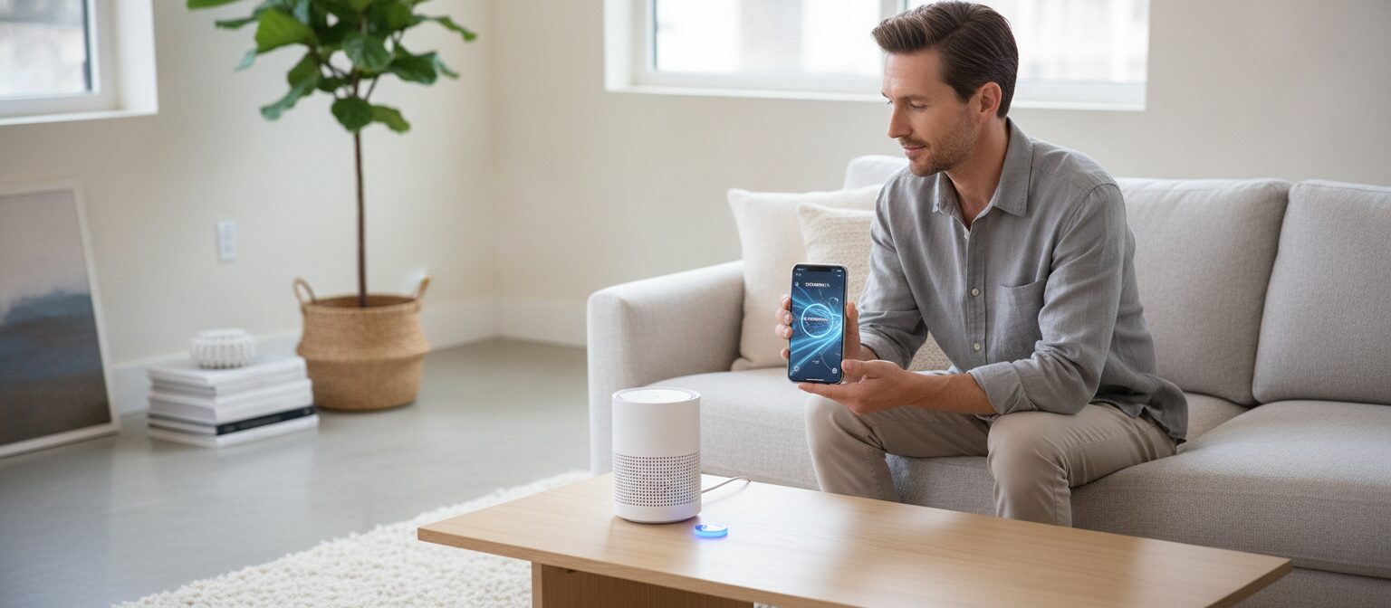 Person setting up a mesh Wi-Fi node with a smartphone app