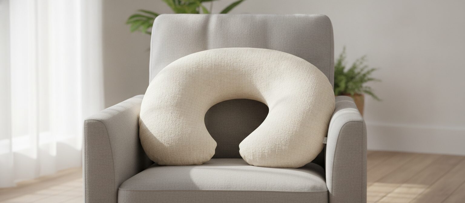 A curved nursing pillow resting on an armchair