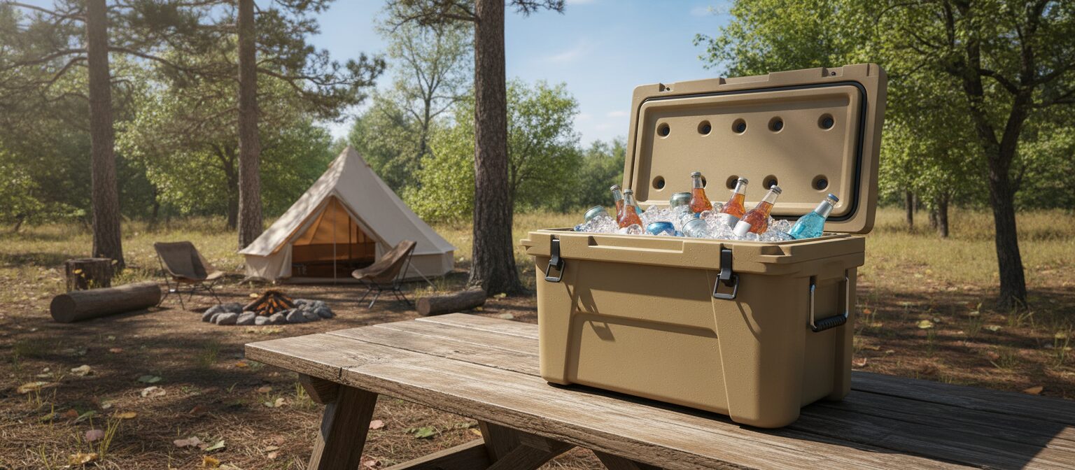A rugged hard cooler filled with ice and drinks at a campsite