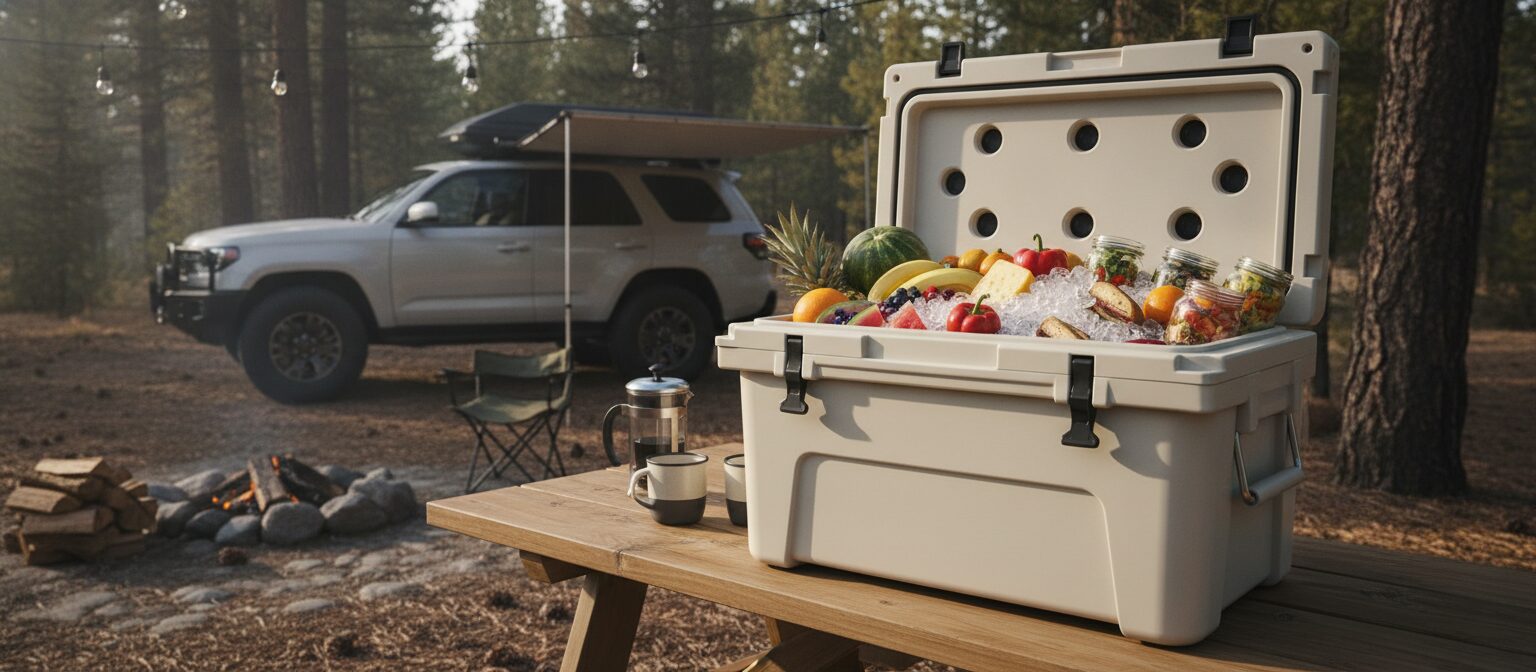 A large hard cooler loaded with ice at a car campsite