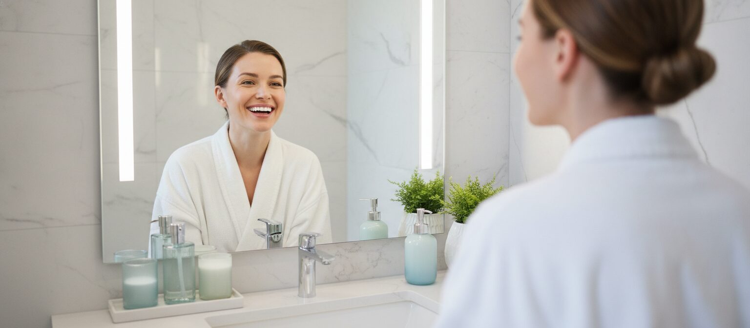Person smiling with bright white teeth in a bathroom