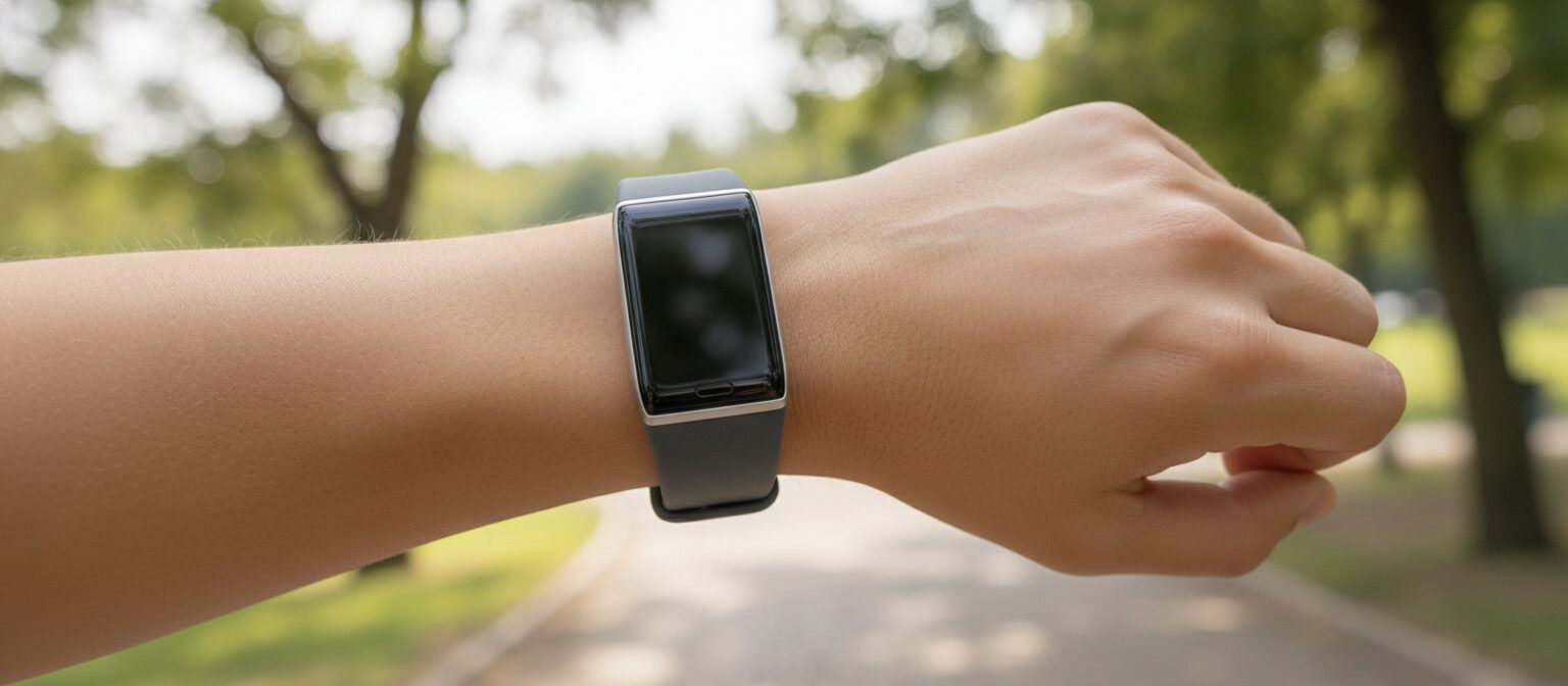 Fitness tracker band worn on a wrist during an outdoor walk