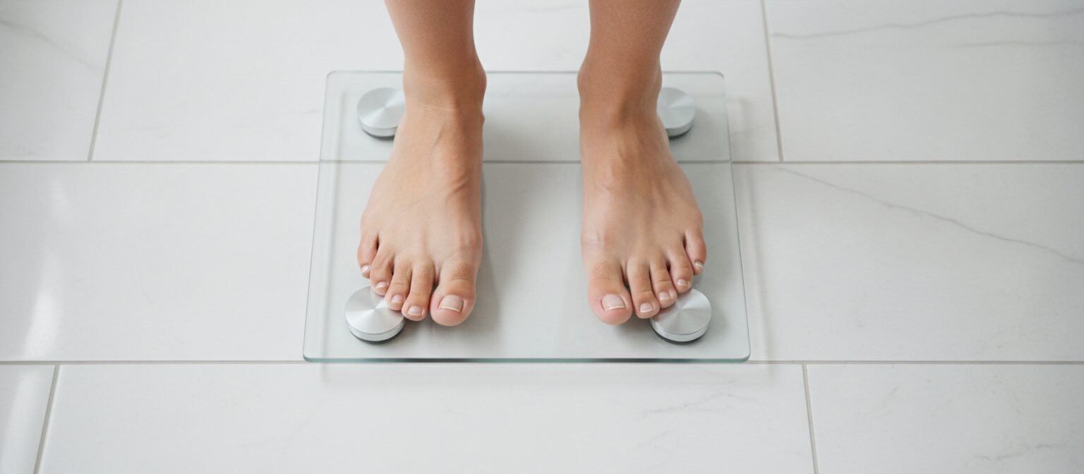 A person's feet standing on a modern glass body-composition scale