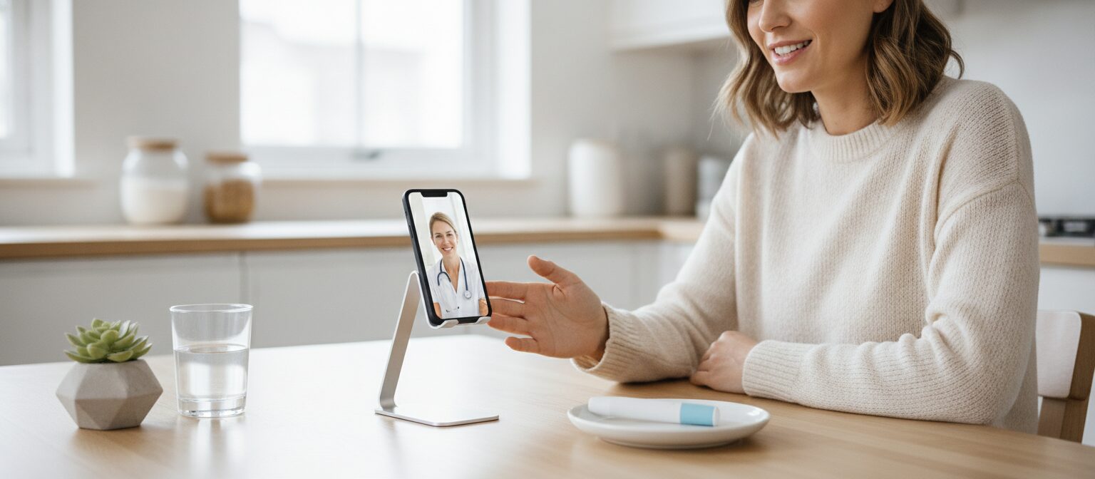A person in a telehealth consultation with a medication pen on the table