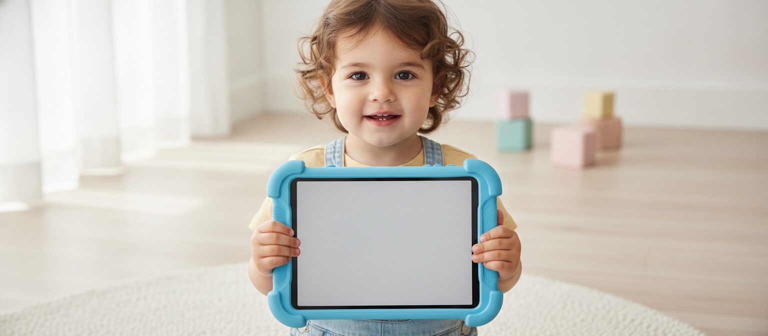 Small child holding a tablet in a chunky protective bumper case