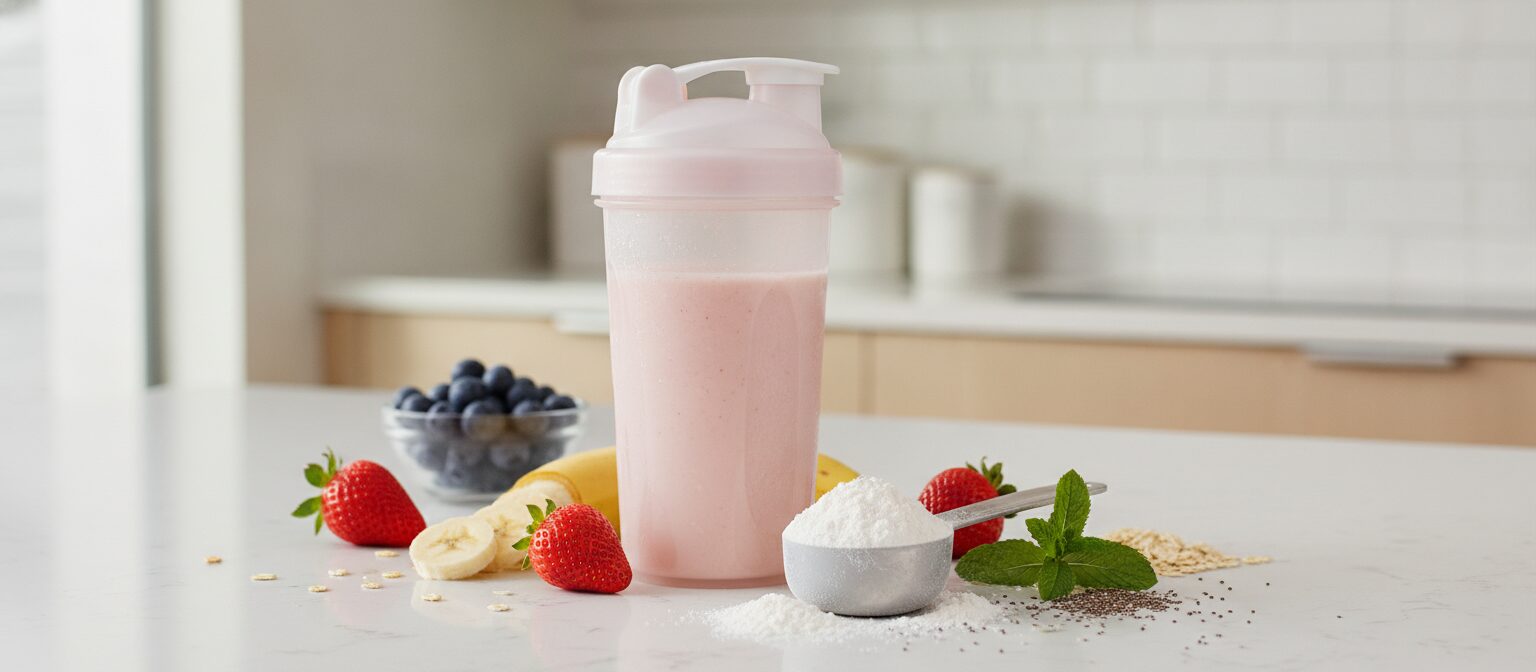 A protein shake in a shaker bottle beside a scoop of protein powder