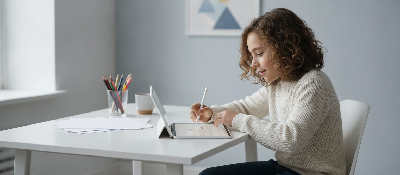 Older child using a tablet with a stylus for drawing or schoolwork