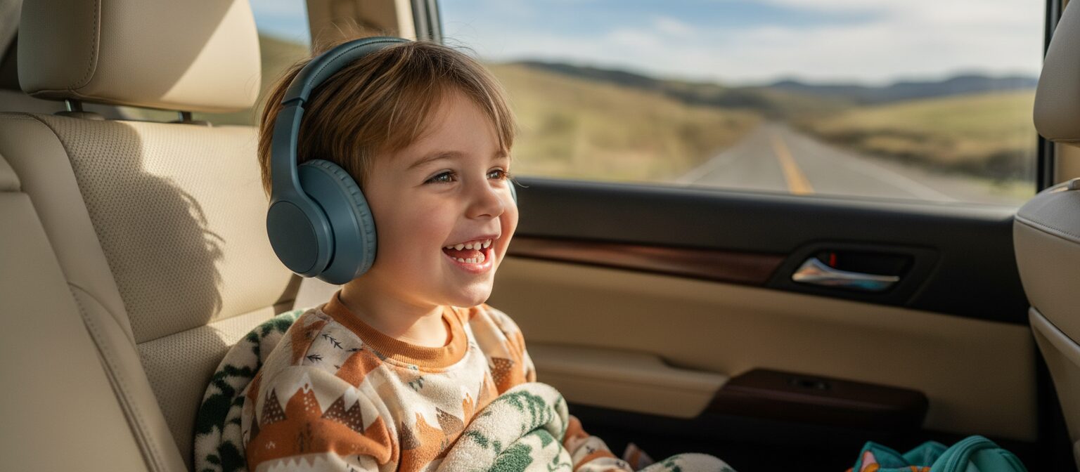 A young child wearing durable headphones on a car trip