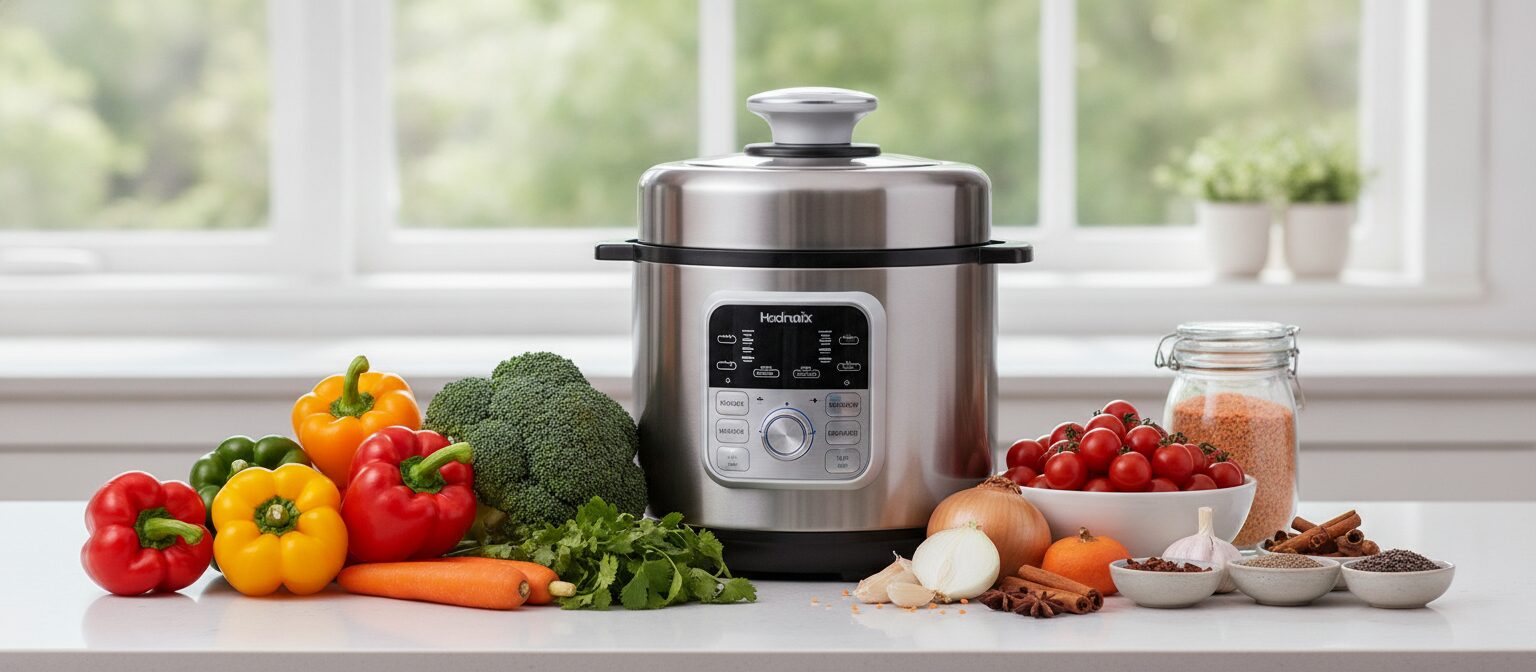 A modern electric pressure cooker on a counter with fresh ingredients