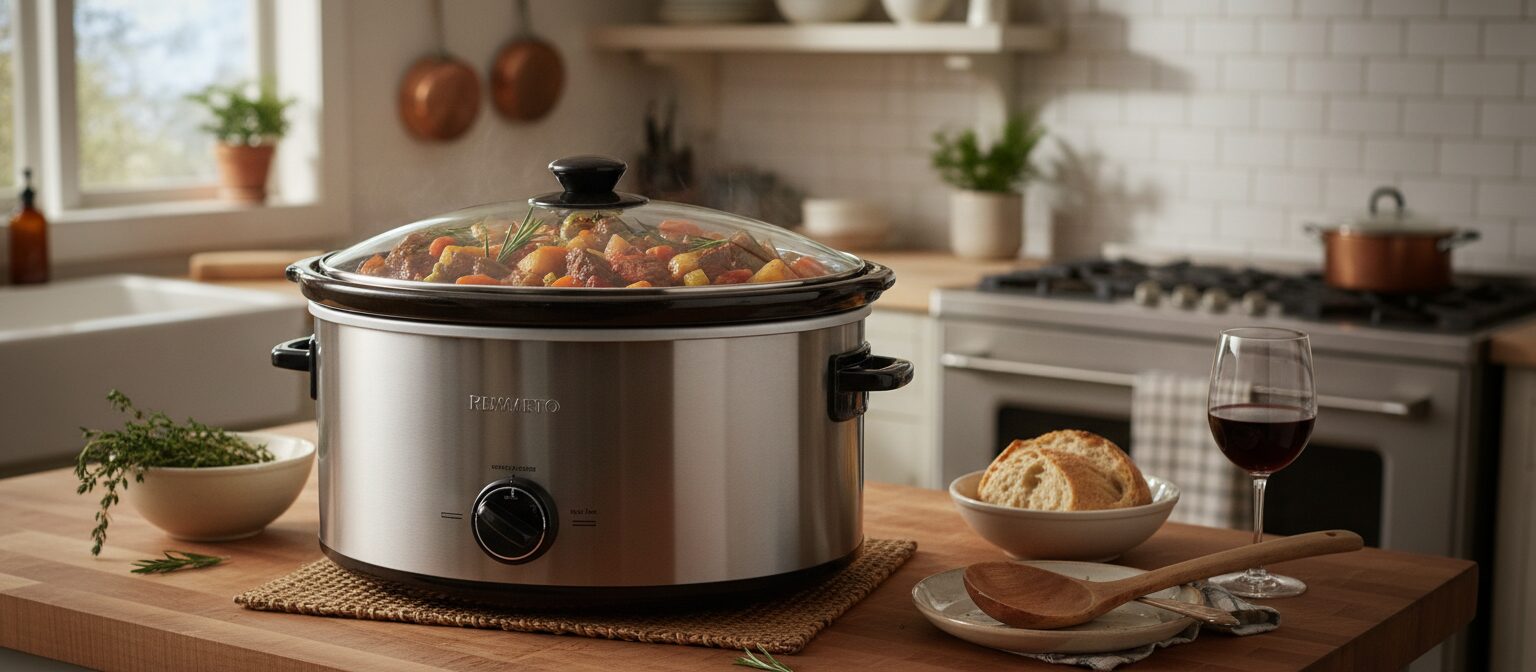 A slow cooker full of hearty stew on a kitchen counter