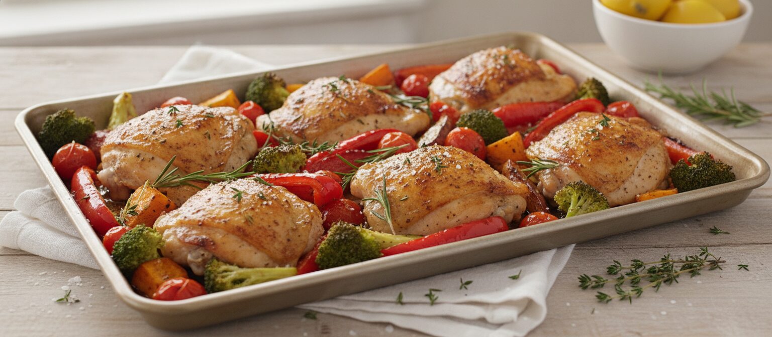 A sheet pan of roasted vegetables and chicken with browned edges
