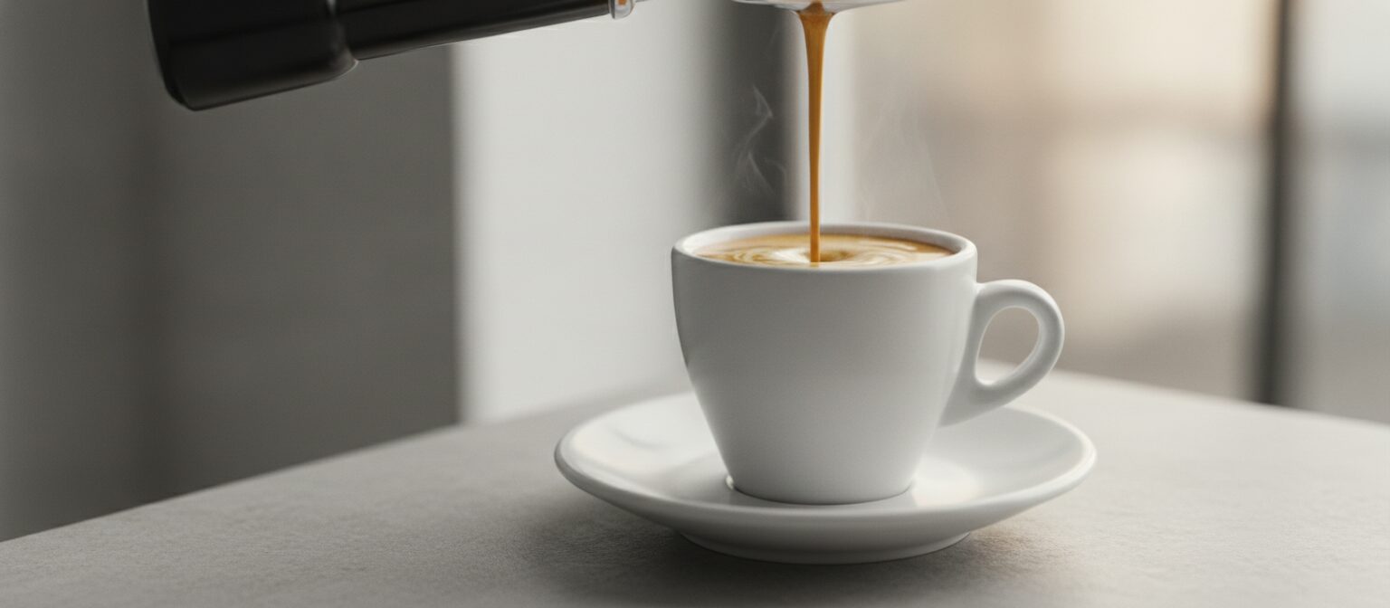 Rich espresso with golden crema pouring from a portafilter
