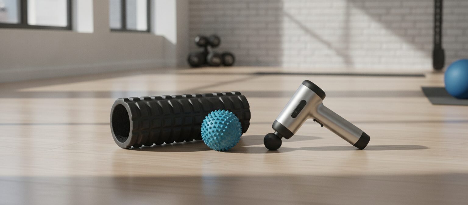 Foam roller, massage ball, and percussion gun recovery tools