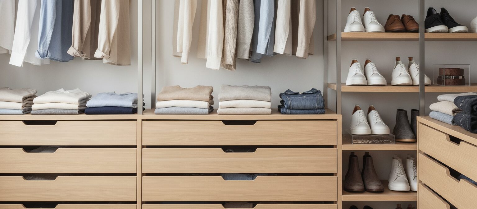 Neatly organized modular closet drawers and shelves with folded clothes