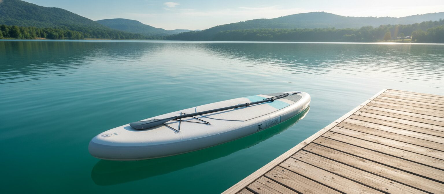 Inflatable stand-up paddle board floating on a calm lake beside a dock