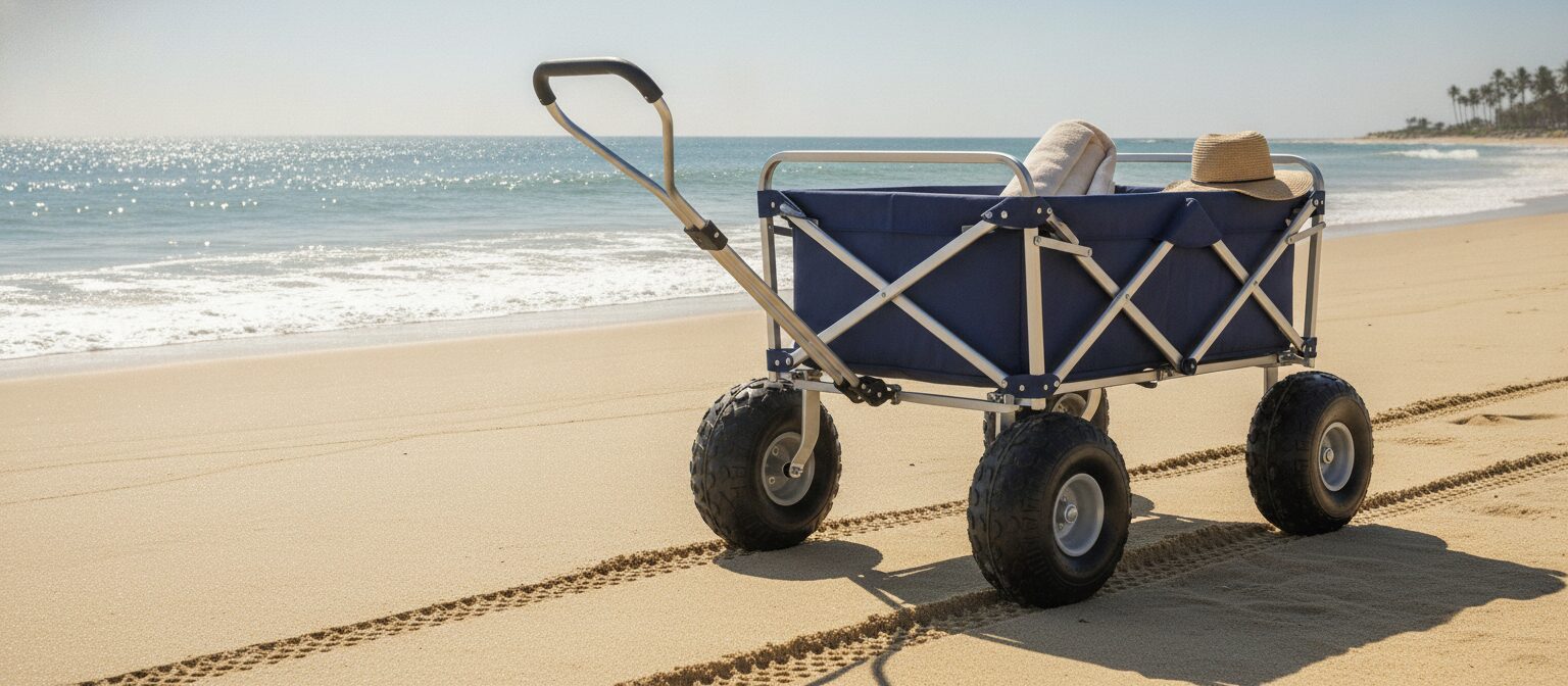 Folding beach wagon with wide wheels rolling across soft sand