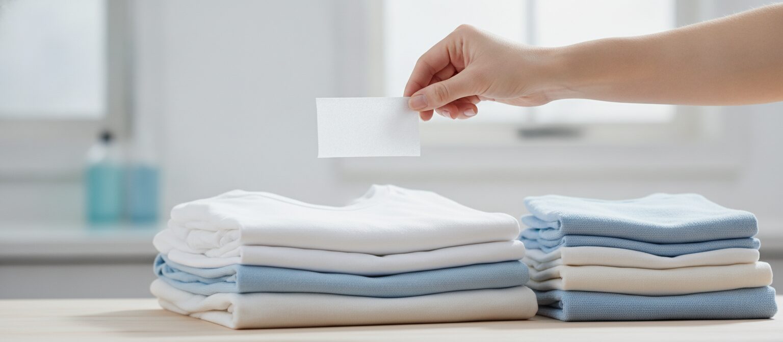 A dissolvable laundry detergent sheet held above folded laundry