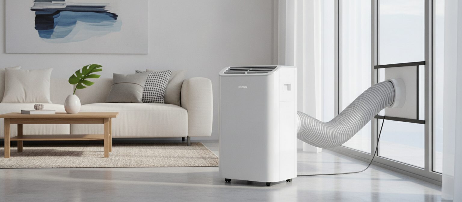 Portable air conditioner on the floor of a living room with an exhaust hose