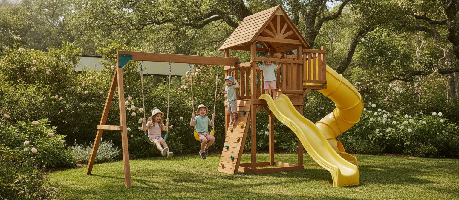 Children playing on a wooden backyard swing set with a slide and clubhouse