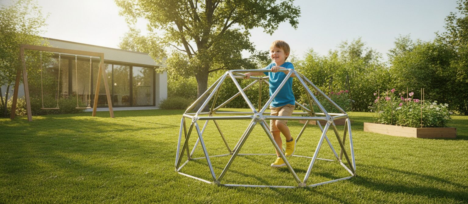 Child climbing on a geodesic dome climber in a sunny backyard