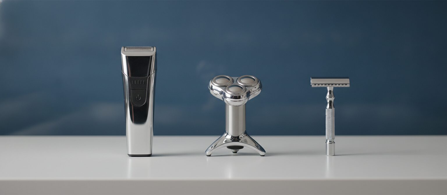 Foil shaver, rotary shaver, and manual razor lined up for comparison
