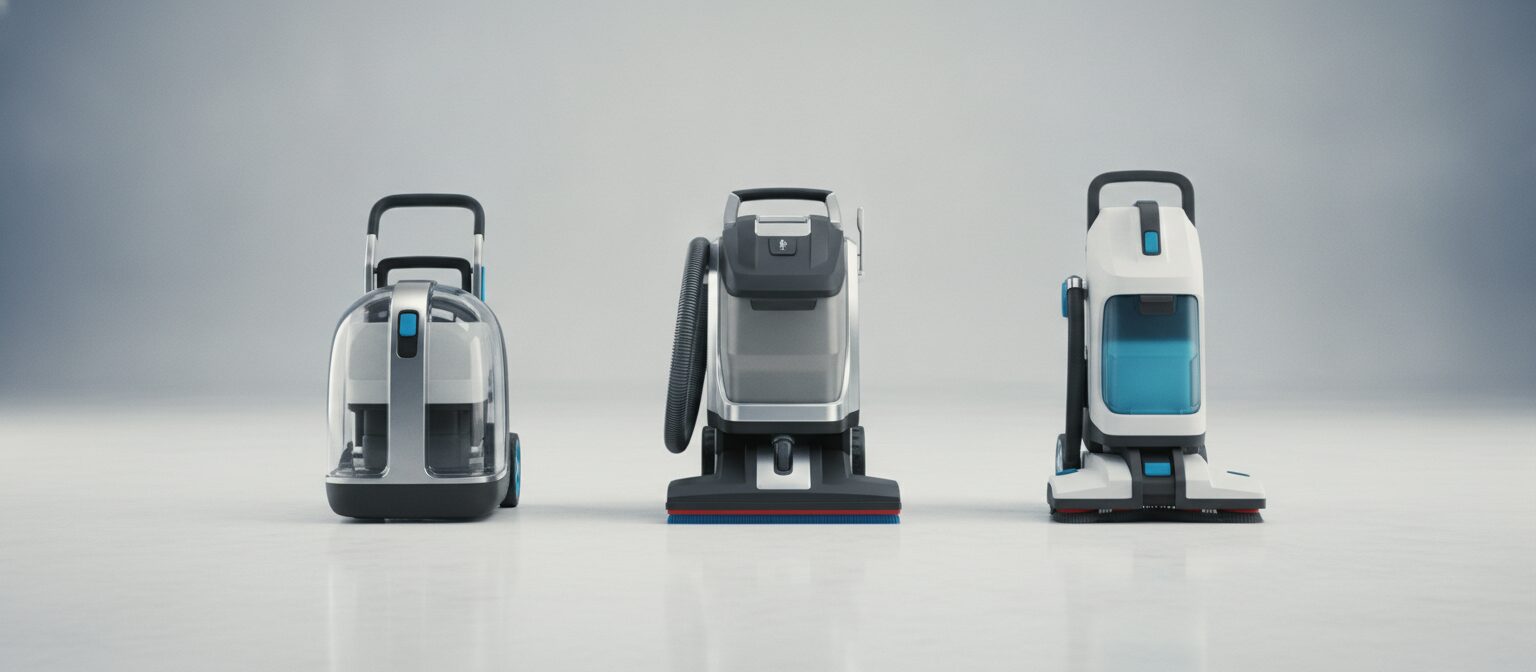 Upright carpet cleaning machines lined up for comparison on a pale floor