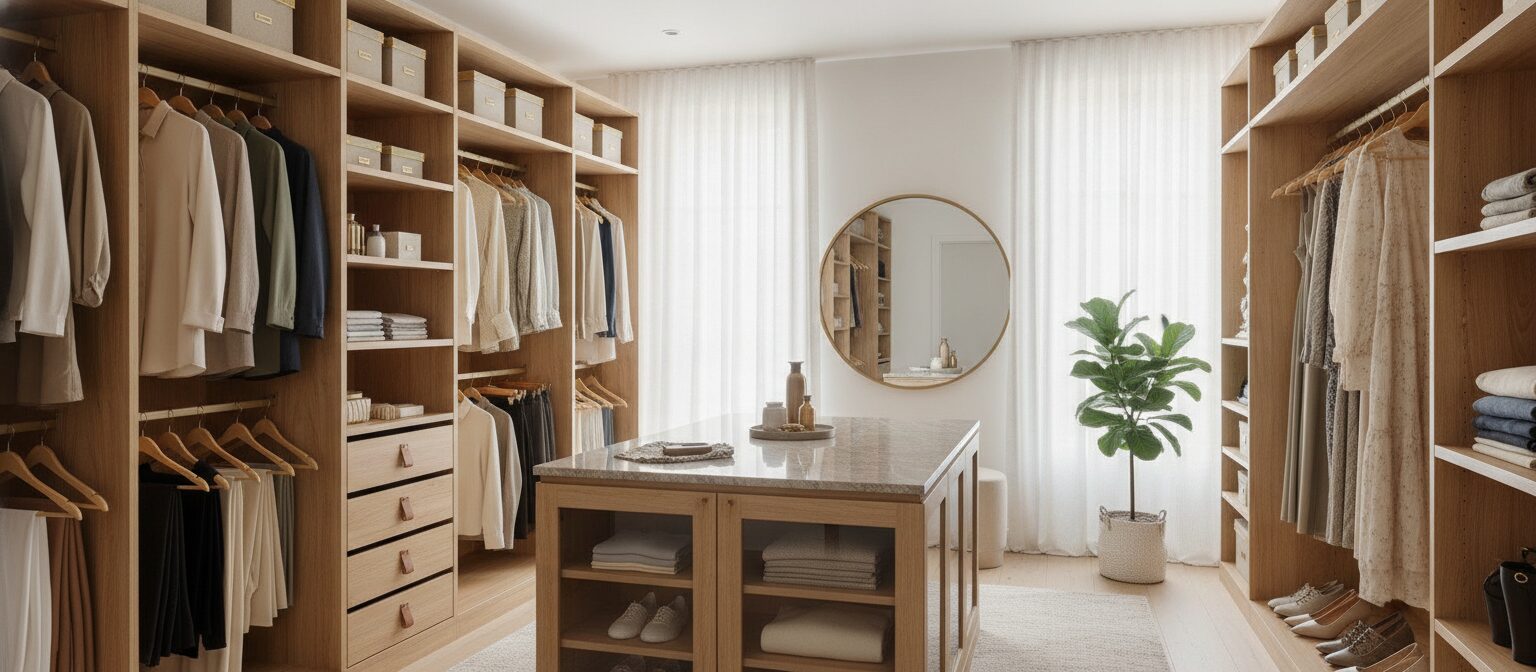 A beautifully organized walk-in closet with modular wood-look shelving