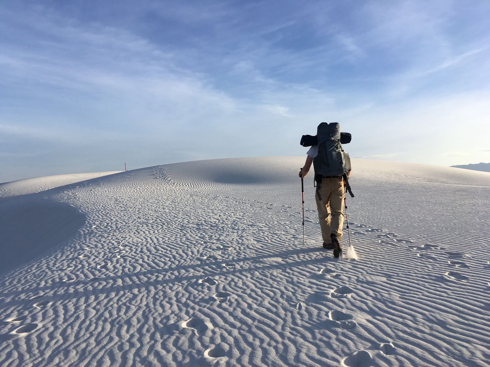 Aluminum trekking poles planted on a rocky trail