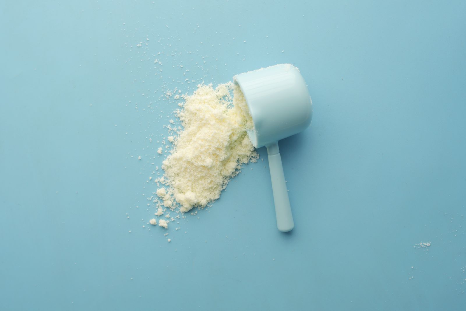 White protein powder and a measuring scoop on a blue background