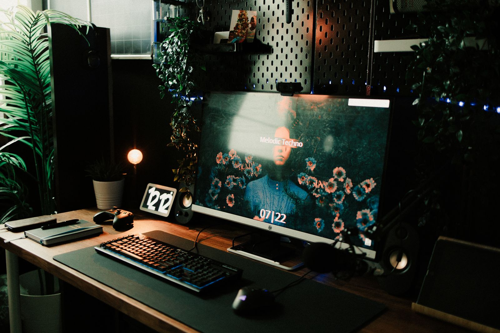 Tidy home office desk with a monitor and keyboard